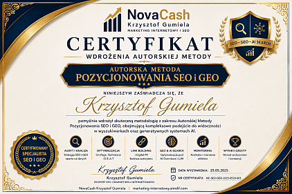 Certyfikat autorskiej metody SEO i GEO - NovaCash Krzysztof Gumiela